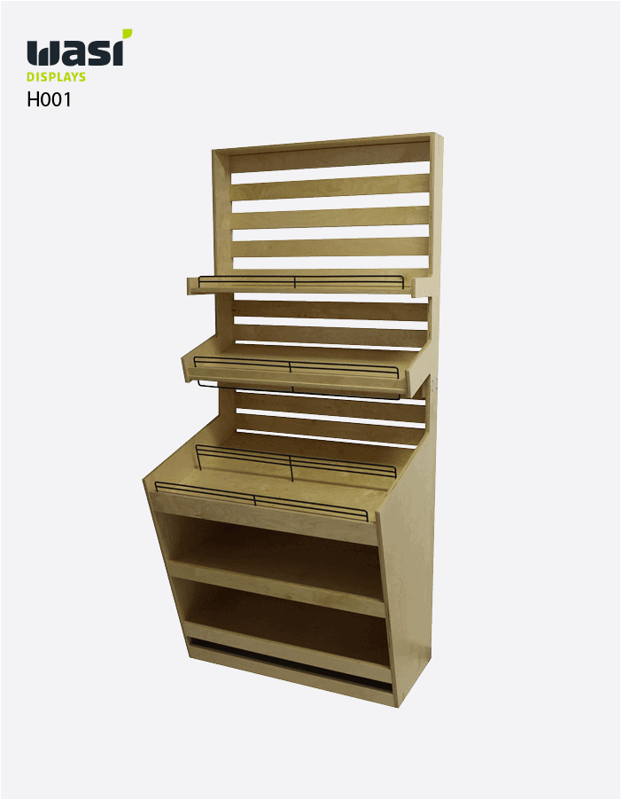 Holzdisplays Modell H001 mit drei Regalböden, Lagerfach und Relings