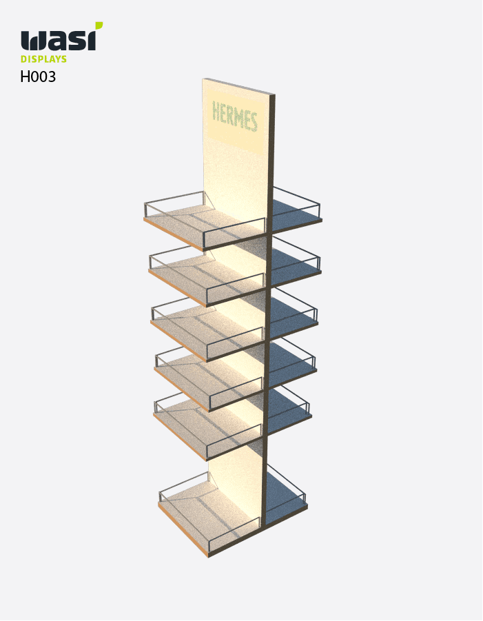 Holzdisplay H003 mit fünf Regalböden auf Vorder- und Rückseite