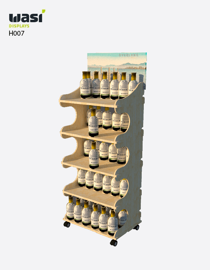 Holzdisplays Modell H007 mit wellenförmigen Regalseiten und bedrucktem Topper