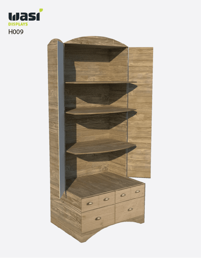 Holzdisplay in Schrankoptik mit drei Regalböden und offenen Seitentüren