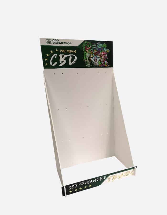 Standard Thekendisplays bunt bedruckt mit CBD-Logo