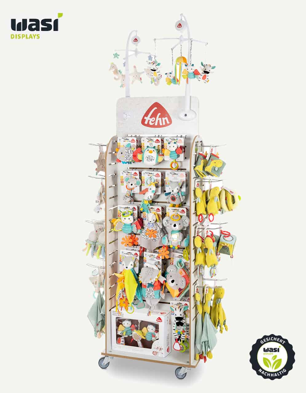 Warenpräsentationssystem aus Holz mit Topper für Spielwaren.