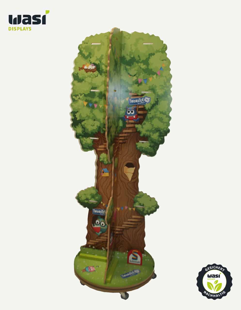 Warenpräsentationssystem aus Holz, individuelle Form für Gesellschaftsspiele.