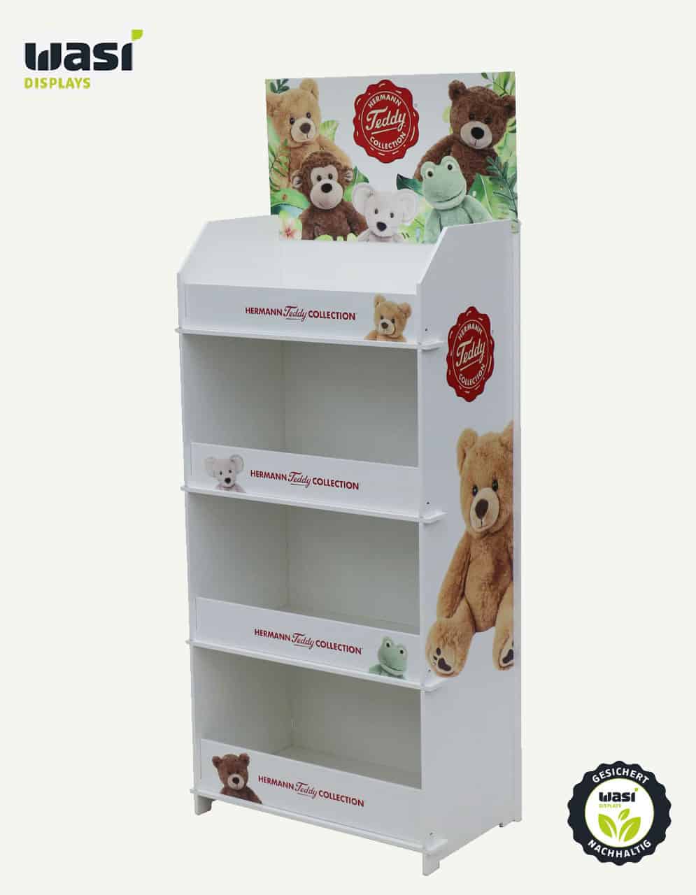 Verkaufsdisplay bedruckt aus Holz für Spielwaren.