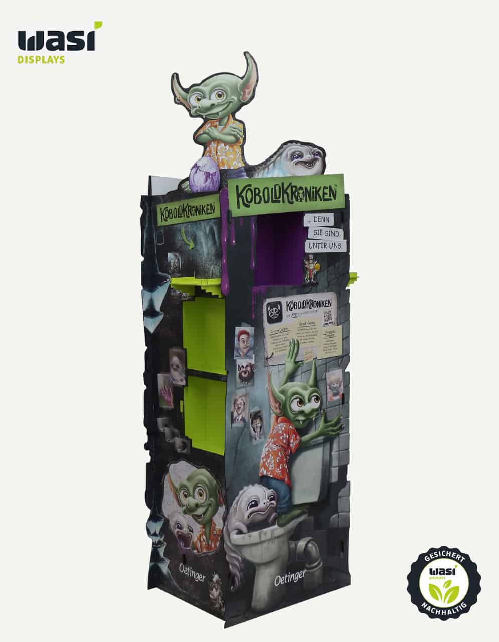 Warenpräsentationsdisplay aus Holz für Spielwaren.