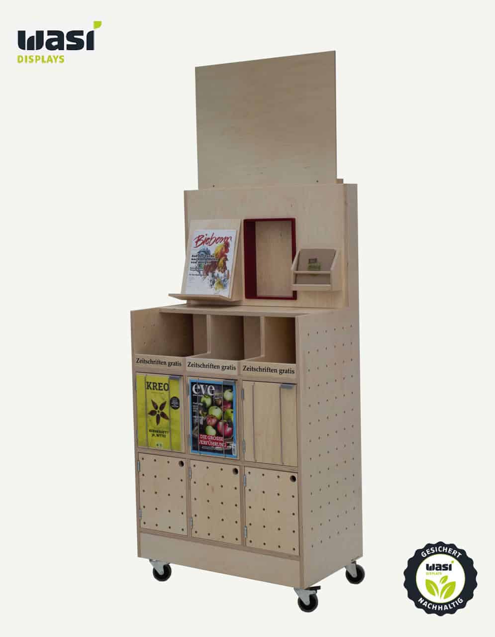 Warenpräsentationsträger aus Holz naturbelassen für Zeitschriften.